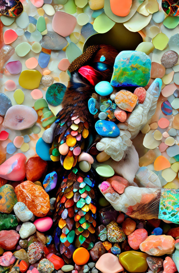 Vibrant Collection of Colorful Stones, Rocks, Sea Glass, and Feathered Hat