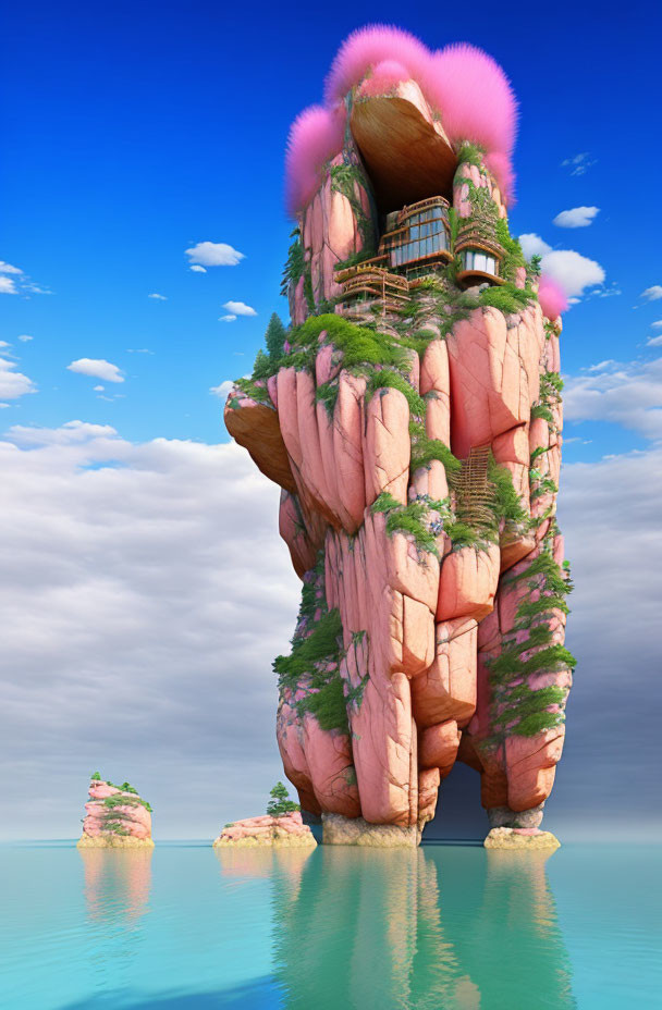 Fantastical house on tall pink rock in water with lush greenery and pink trees under blue sky