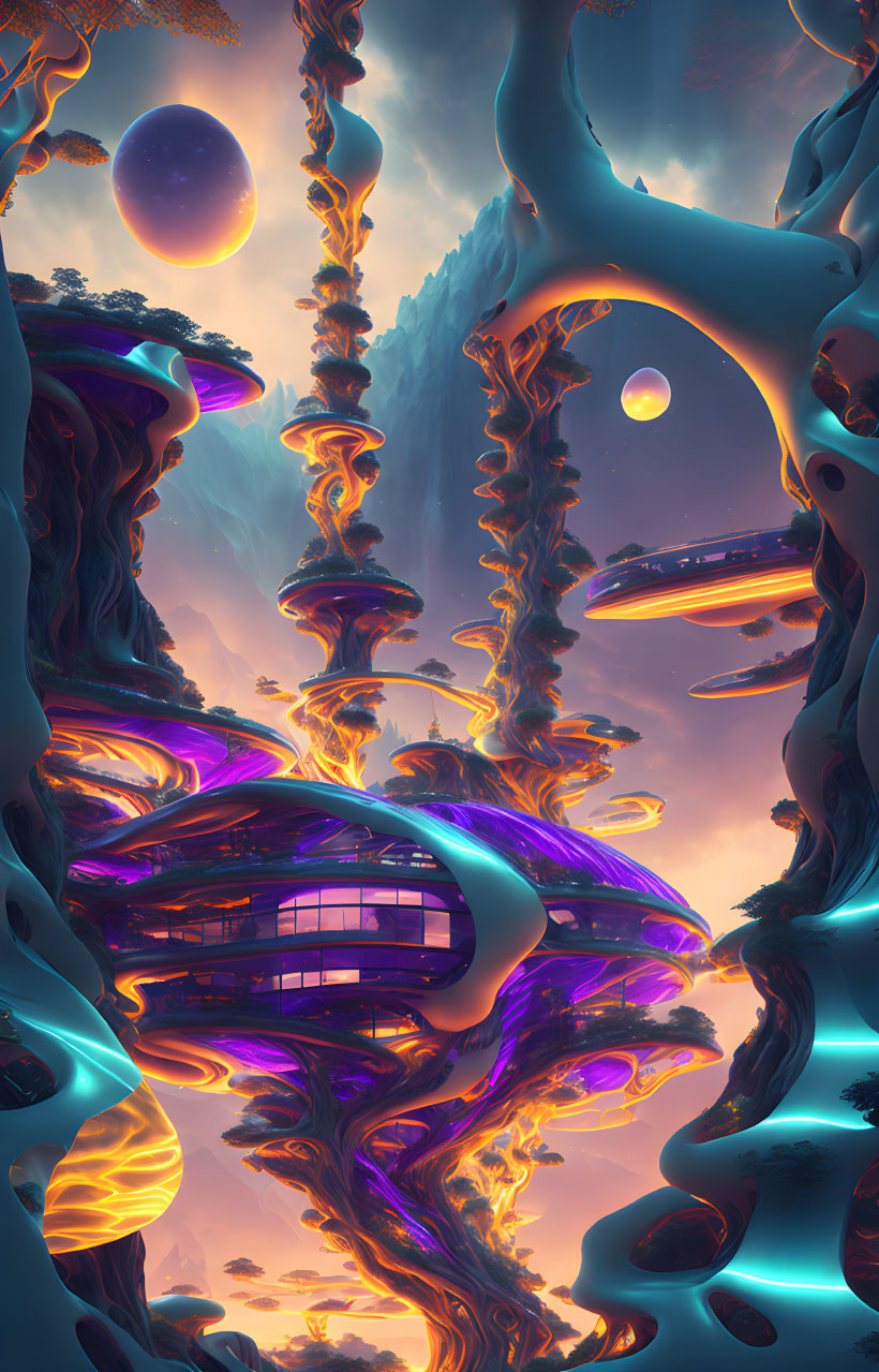 Alien landscape with organic structures, futuristic building, and dual moons