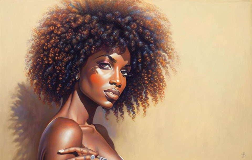 Portrait of a woman with voluminous afro and striking features