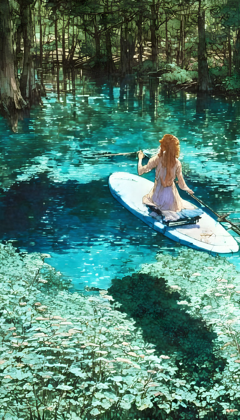 Red-haired person kneeling on paddleboard in serene forest waterway