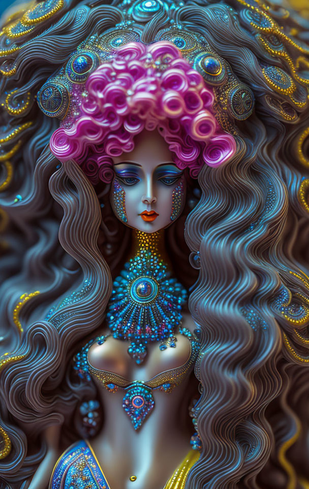 Intricate digital artwork of woman with ornate hair and jewelry in blue, purple, and gold