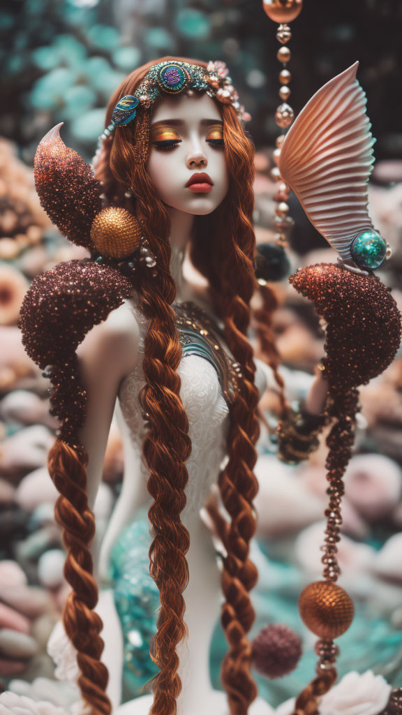 Ethereal woman with sea-themed headdress and shell in underwater setting