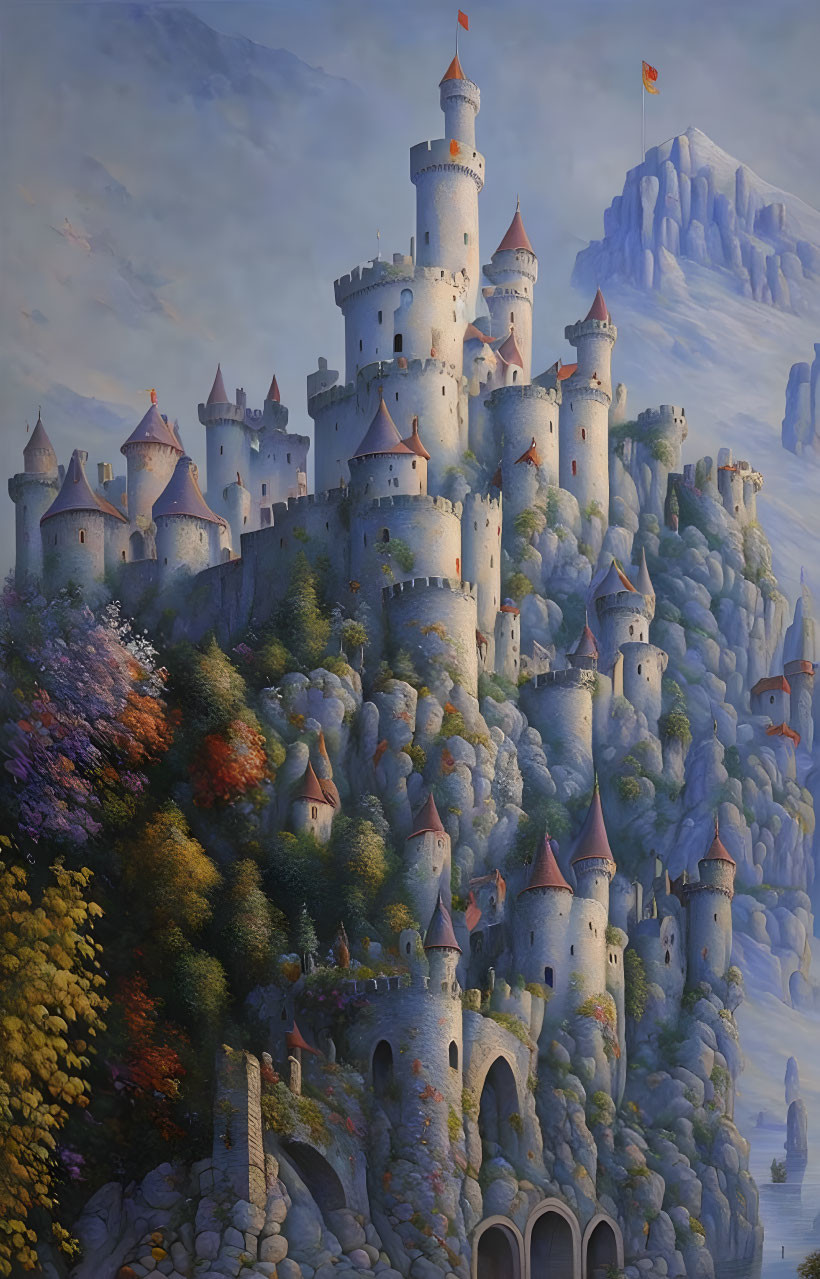 Sprawling castle with towers on rocky hill, trees, mountain background