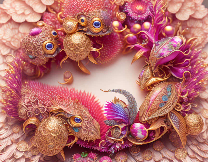 Colorful 3D illustration of ornate creatures with floral and jewel-like textures