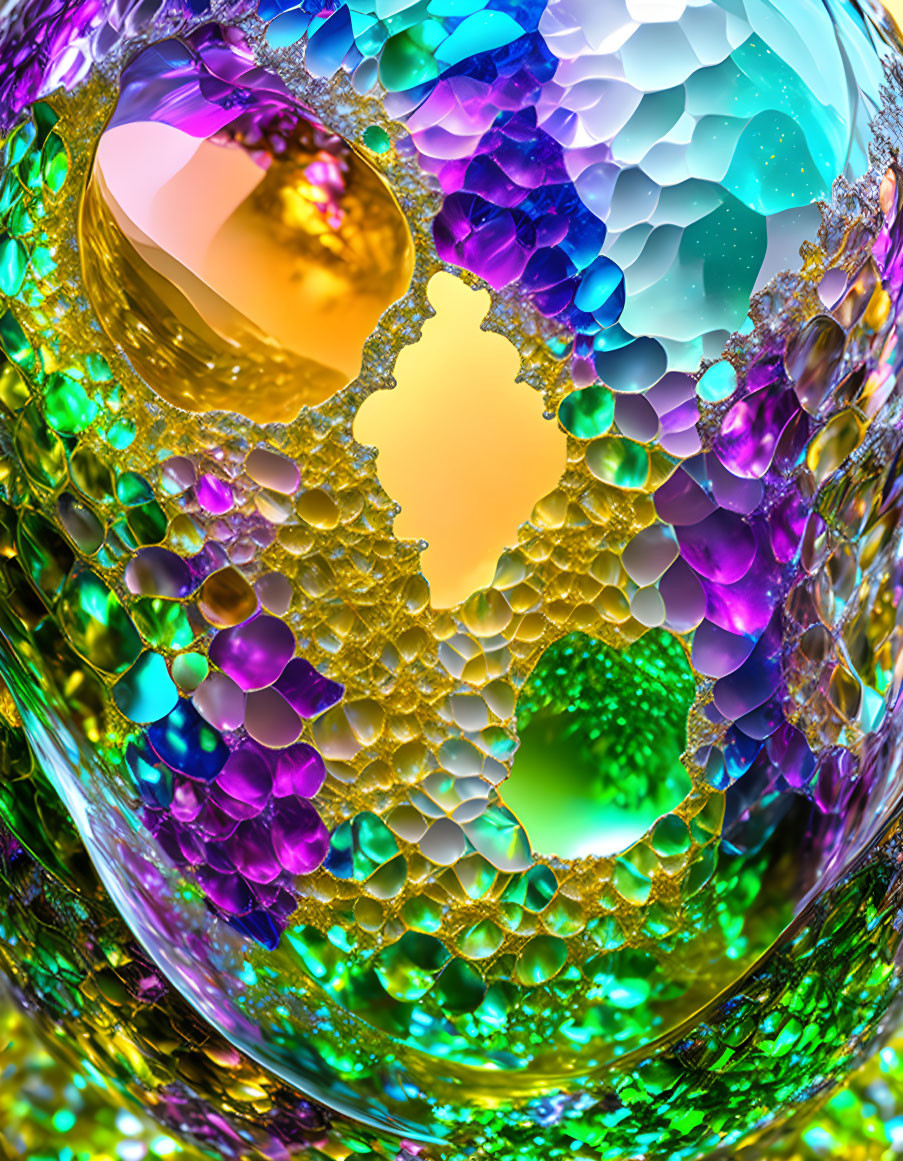 Colorful iridescent bubble structure with intricate patterns and reflections in purple, gold, and green.