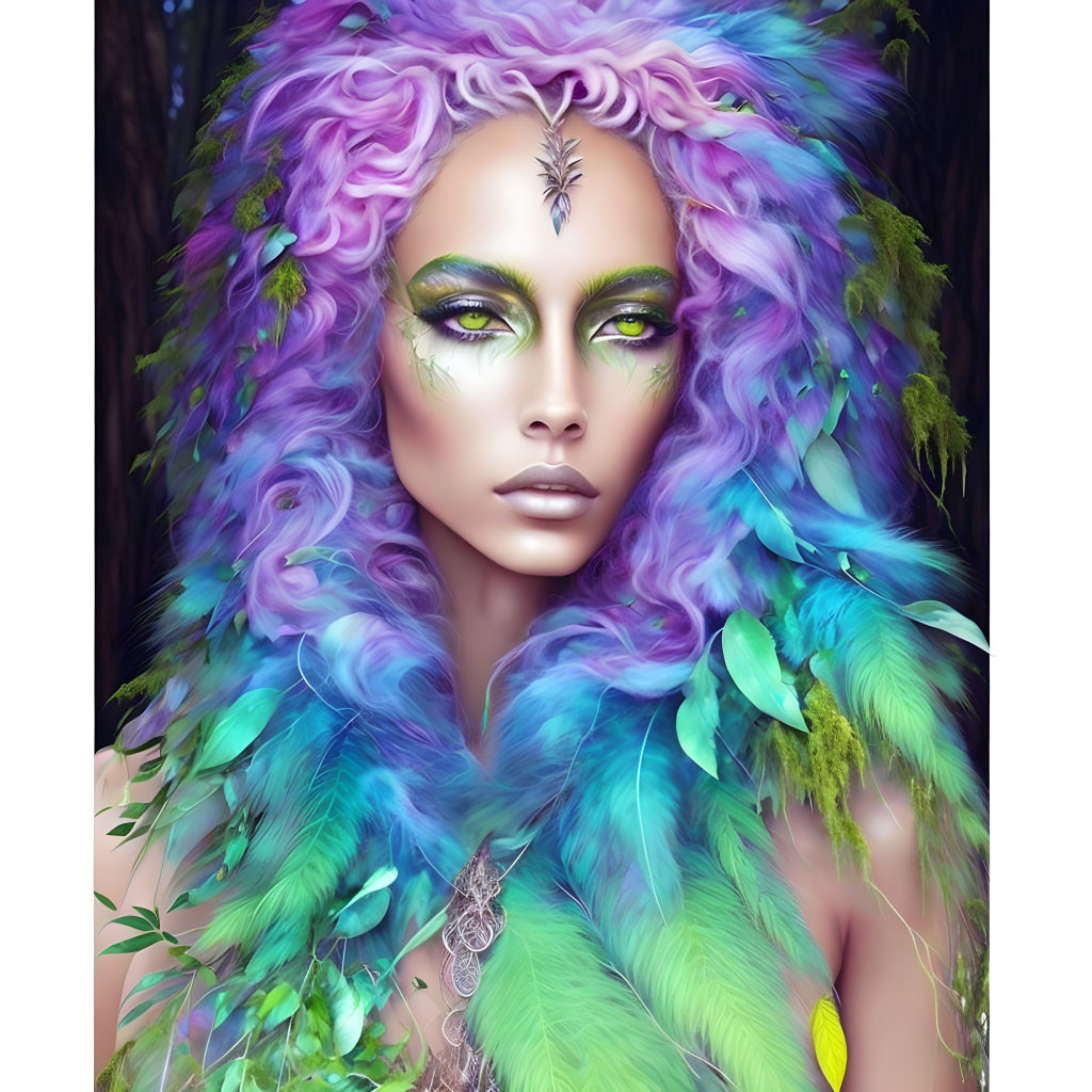 wild purple hair forest spirit, aqua feathers