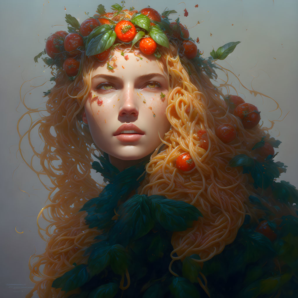 Surreal portrait of person with pasta-like golden curly hair