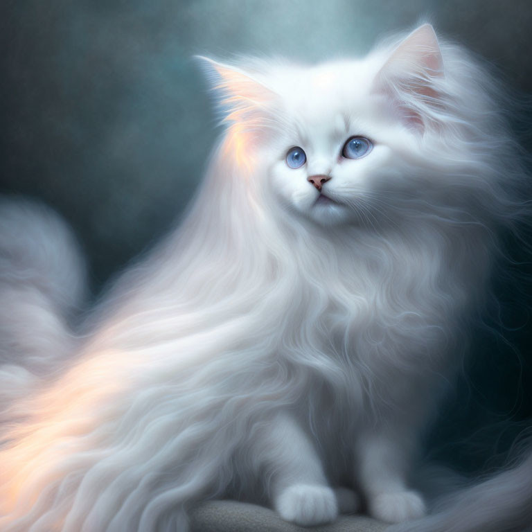 Fluffy white cat with blue eyes in rainbow light