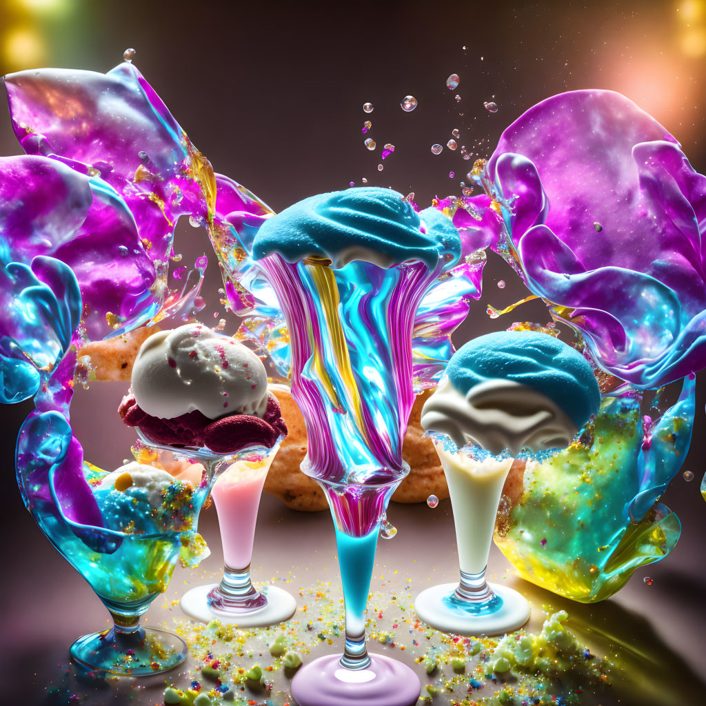 Colorful Liquid Splashes Surround Ice Cream Desserts on Dark Background