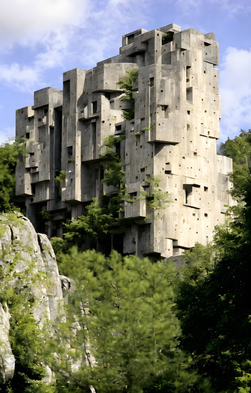 Brutalist-style concrete building with geometric shapes and greenery against lush foliage