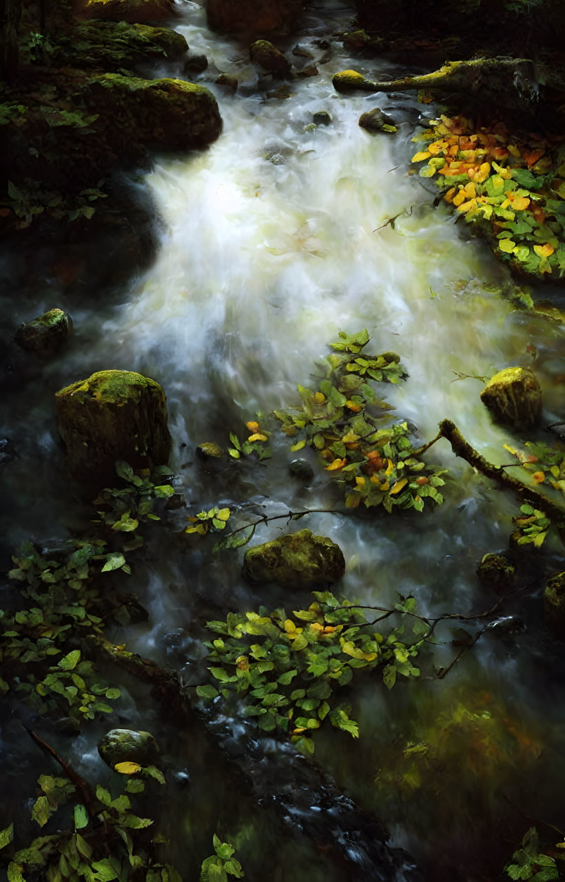 Tranquil stream among autumn forest foliage