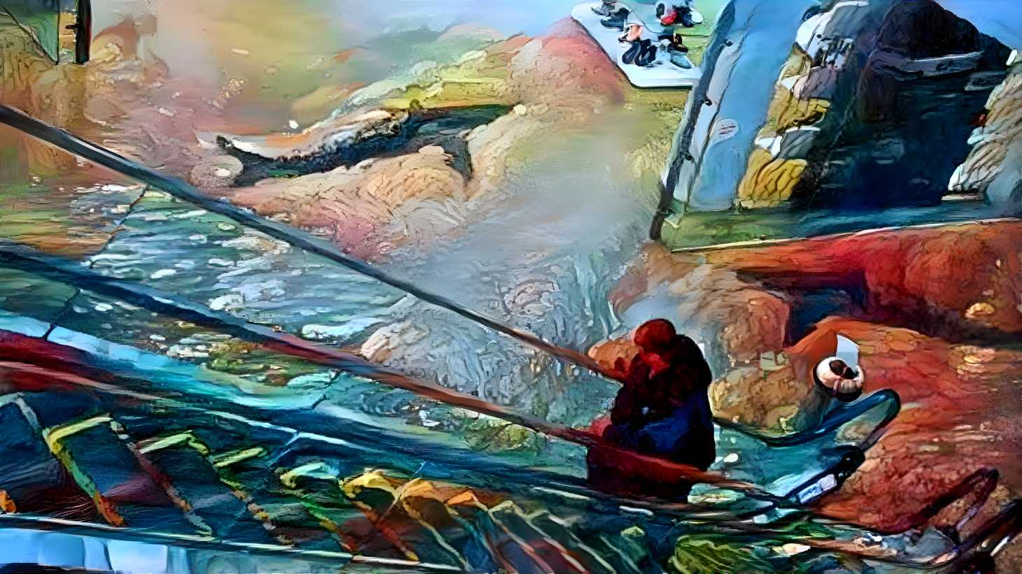 looking from escalator at shark below, painting