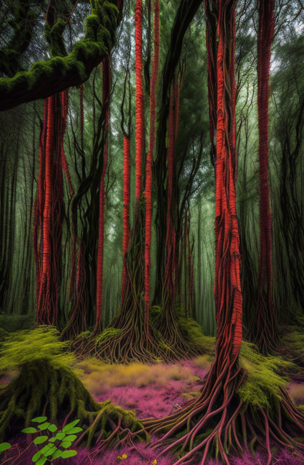 Twisted red trees in mystical forest under dim light