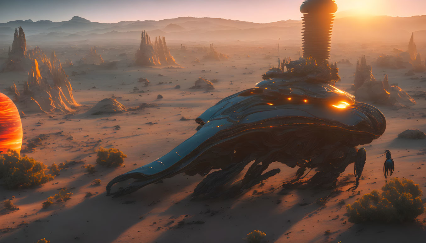 Desert landscape with rock formations, spaceship, and lone figure at sunset