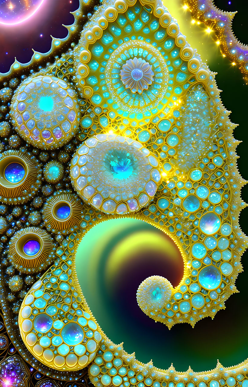 Intricate digital fractal image: Spirals and jewel-like structures in gold and blue