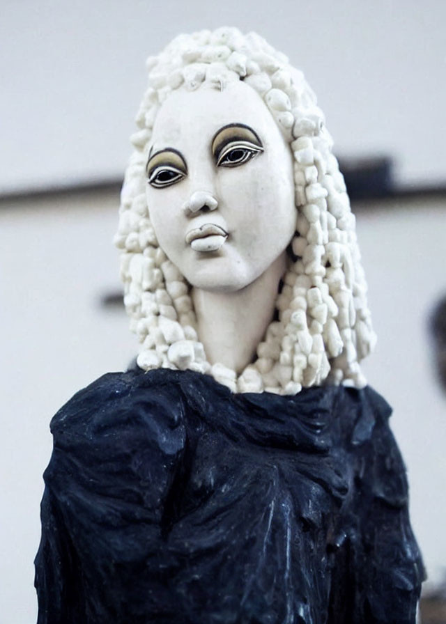 Stylized female face statue with textured braided hairstyle