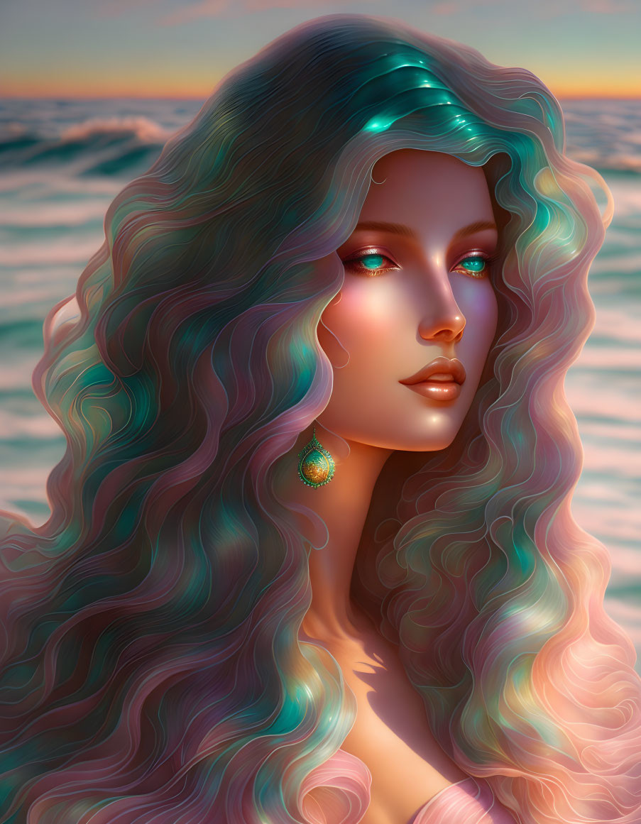 Multicolored hair woman illustration against pink ocean sunset