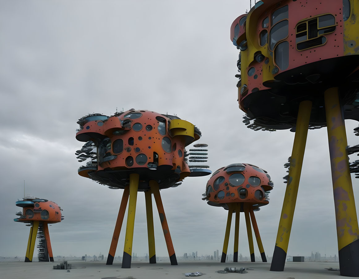 Unique futuristic mushroom-like structures in open area with distant cityscape