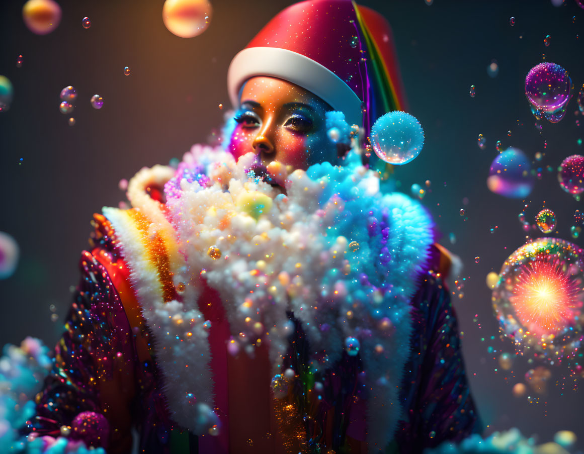 Festively dressed person blowing colorful bubbles in dark setting