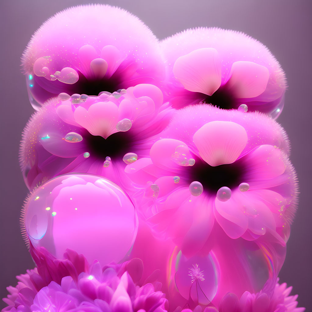 Colorful digital artwork with glossy bubble-like structures and pink petals for a whimsical floral fantasy