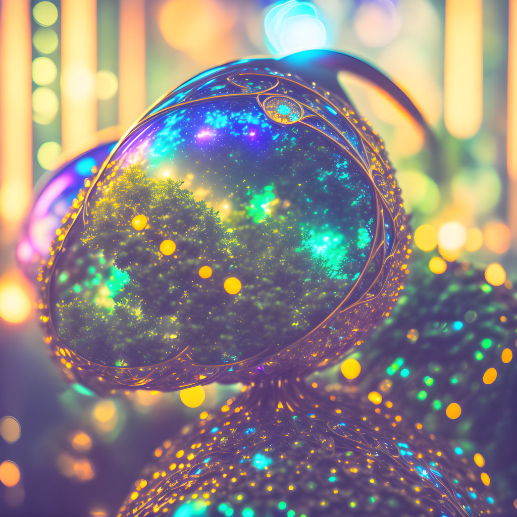 Reflective spherical object with cosmic scene and bokeh lights.