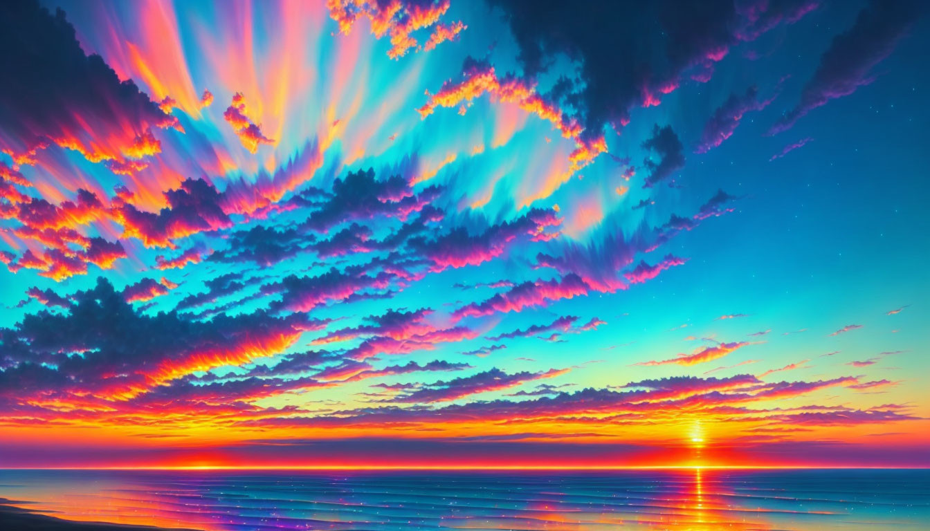 Colorful sunset with purple and orange clouds mirrored on calm sea