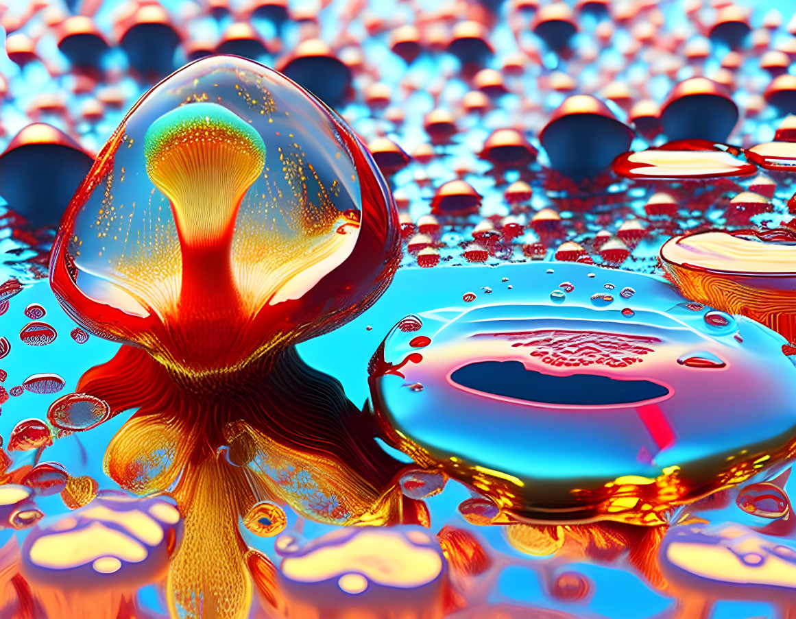 Colorful 3D landscape with liquid droplets and reflective blob