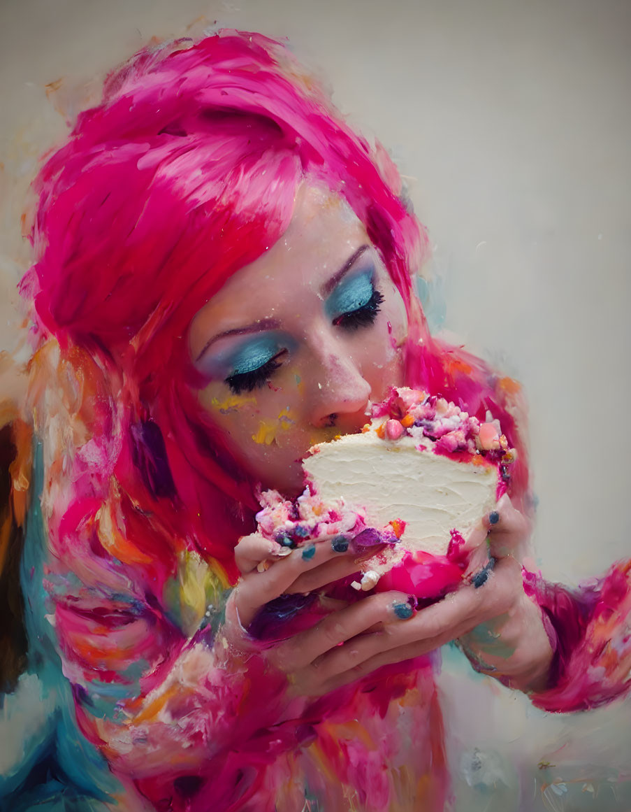 Vibrant pink hair person eating cake in soft, painterly setting