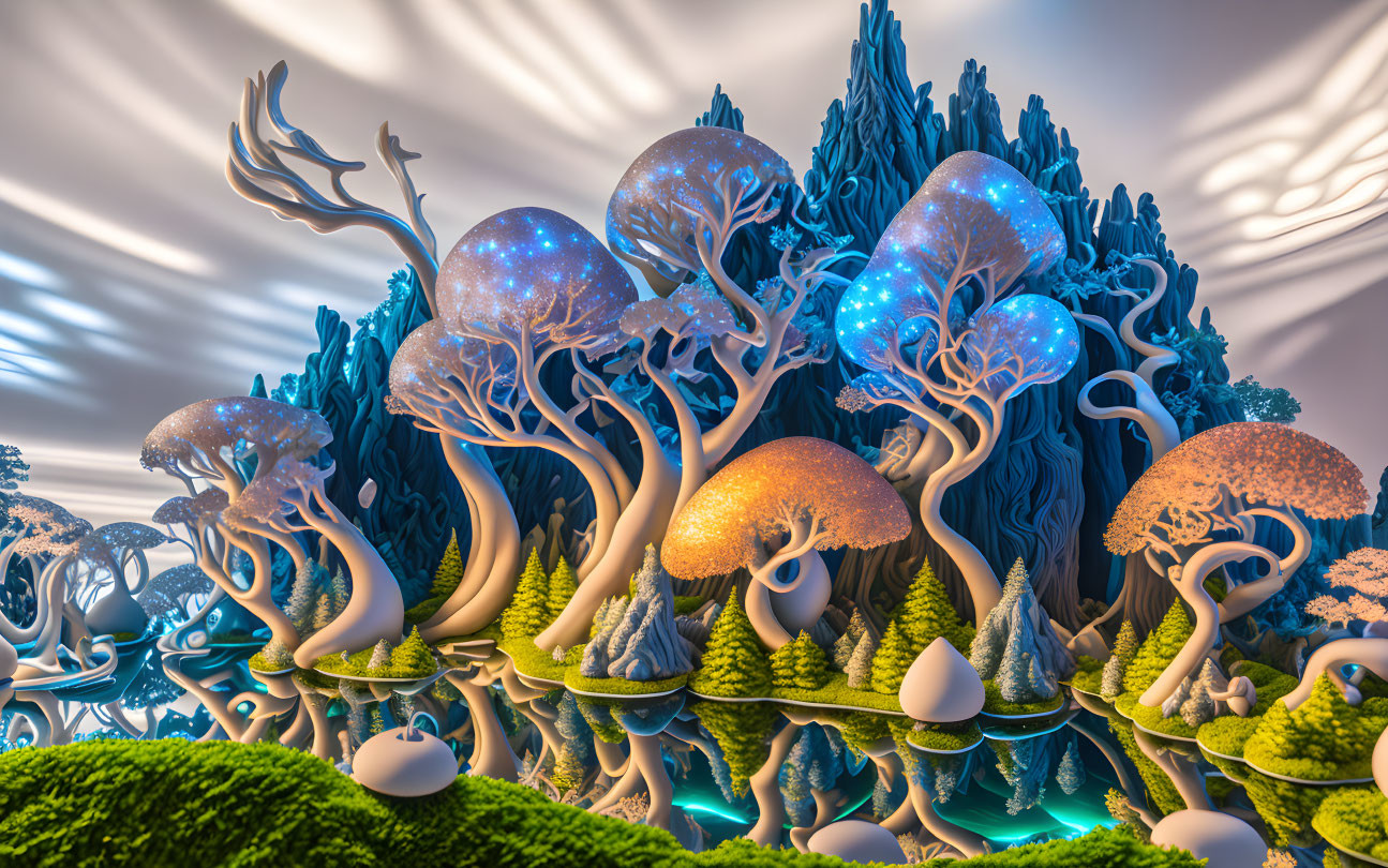 Fantasy 3D-rendered landscape with luminescent mushrooms and reflective water