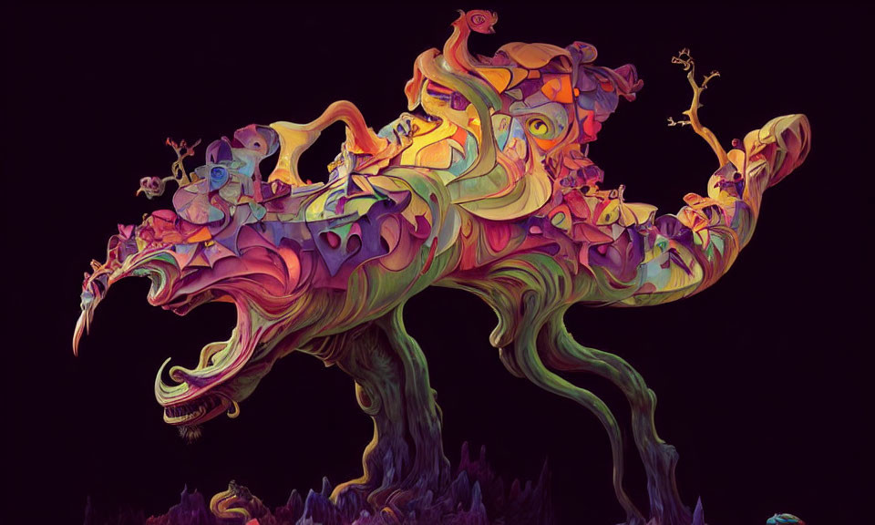 Colorful whimsical creature resembling a fantastical dragon on dark background