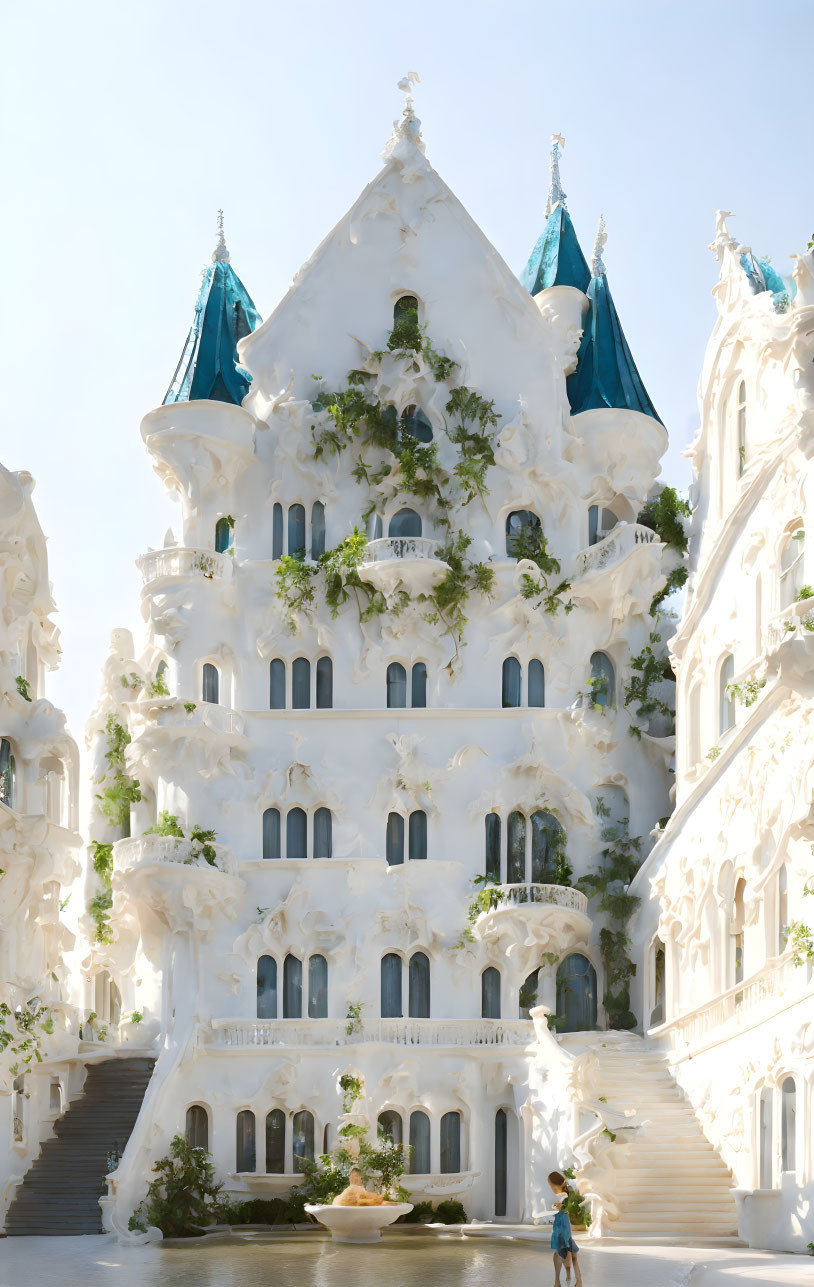 Ornate white building with greenery, blue turrets, and fountain