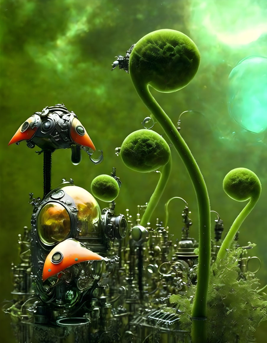 Surreal sci-fi scene: Biomorphic plants, mechanical birds in green mist