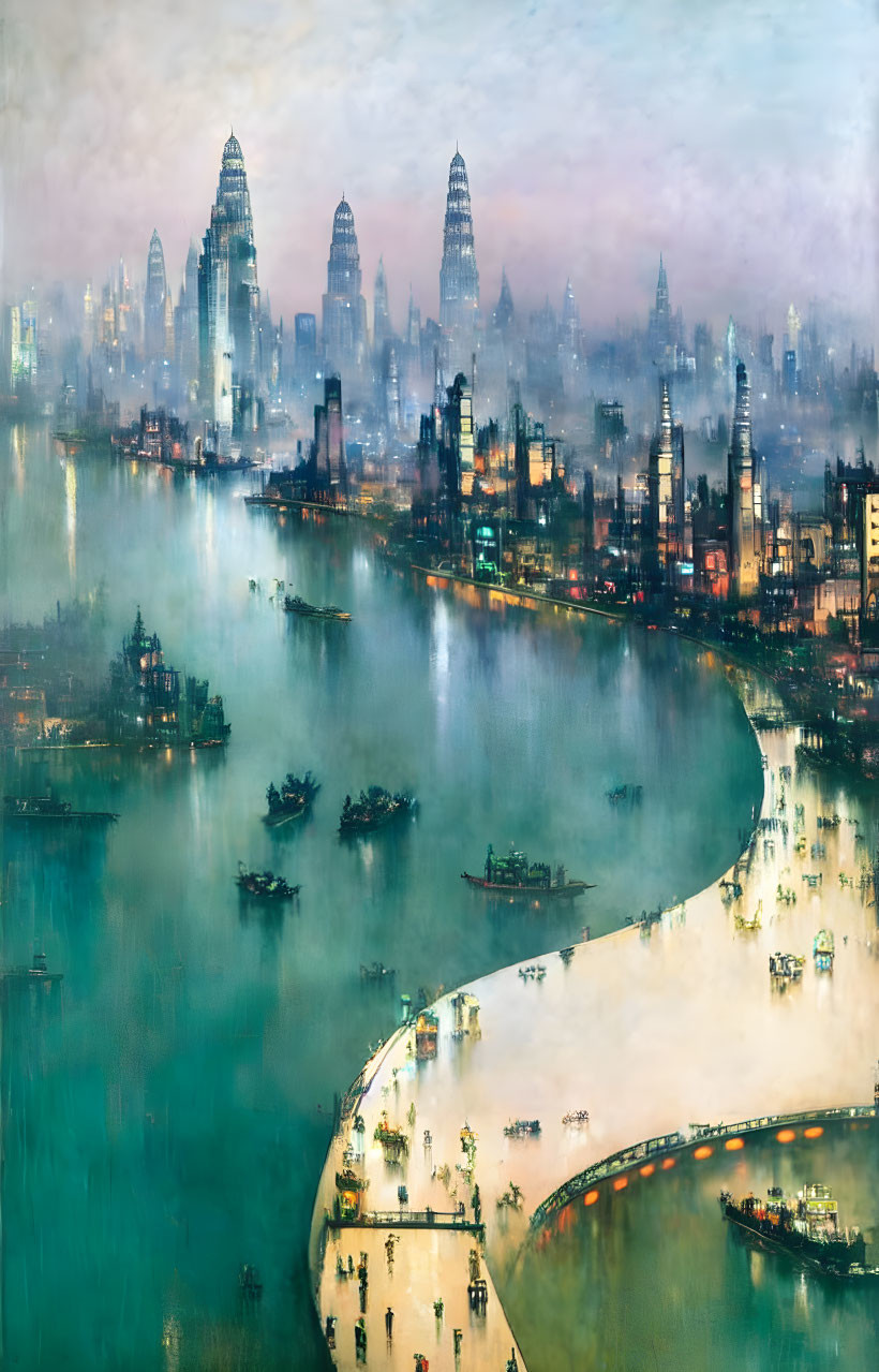 Futuristic cityscape painting with skyscrapers, river, boats, and misty atmosphere