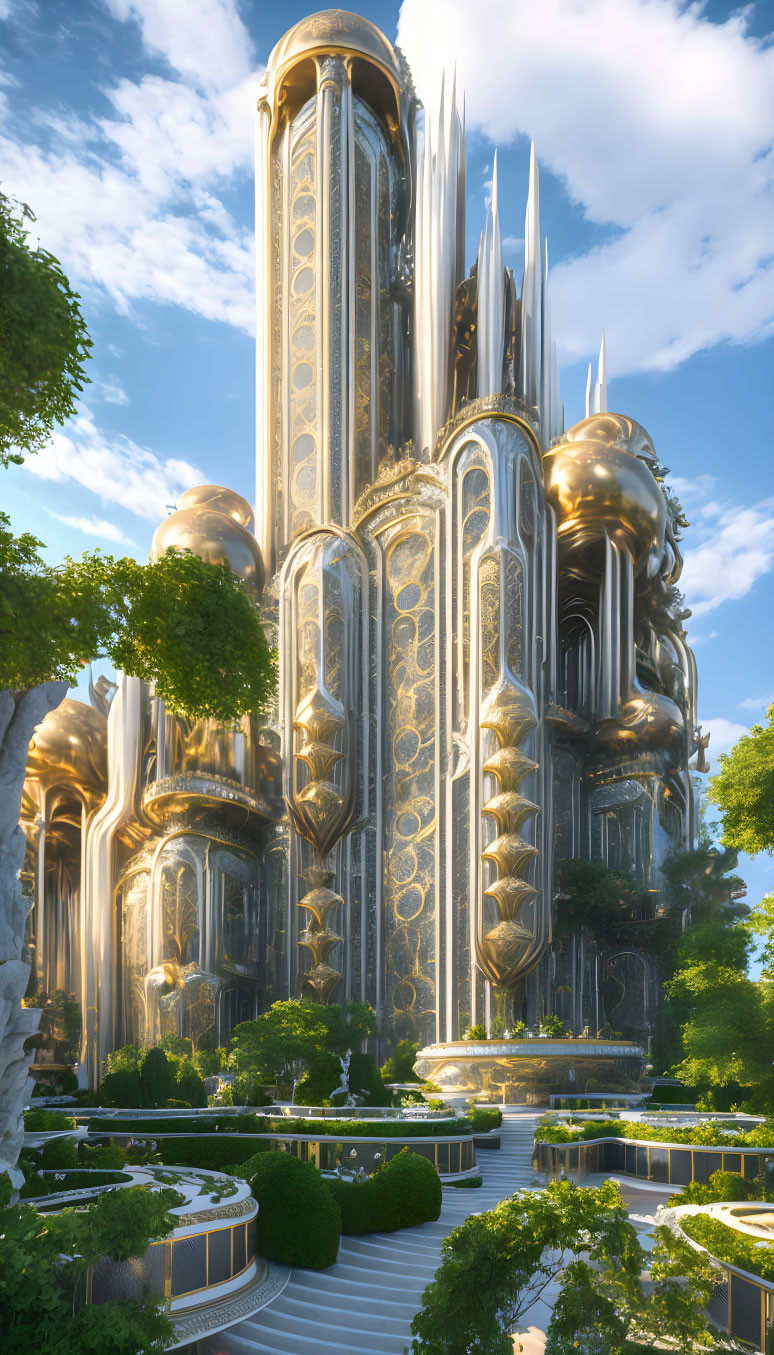 Futuristic golden skyscraper with spires in lush garden