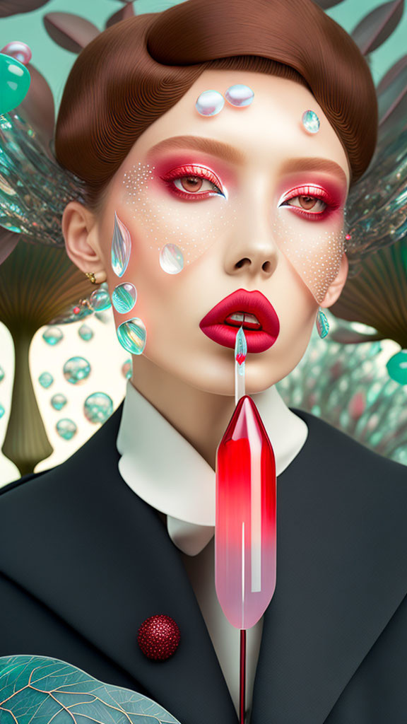 Digital artwork: Woman with pearl-like adornments and red lips on graphic backdrop