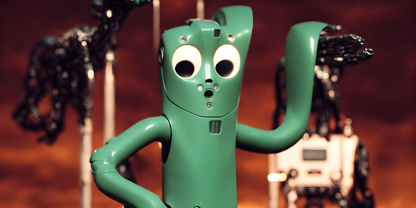 Green humanoid robot with large eyes in expressive pose on industrial backdrop