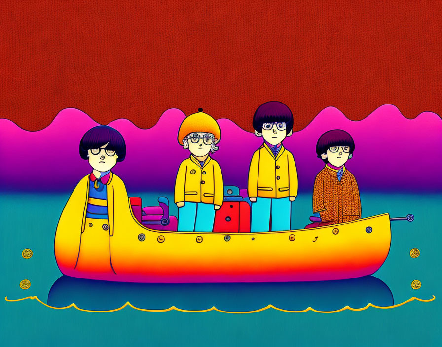 Colorful backdrop featuring four animated characters in yellow canoe