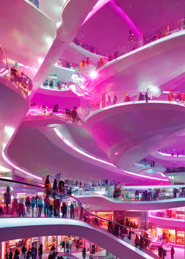 Multilevel shopping center interior with neon lights and curved balconies