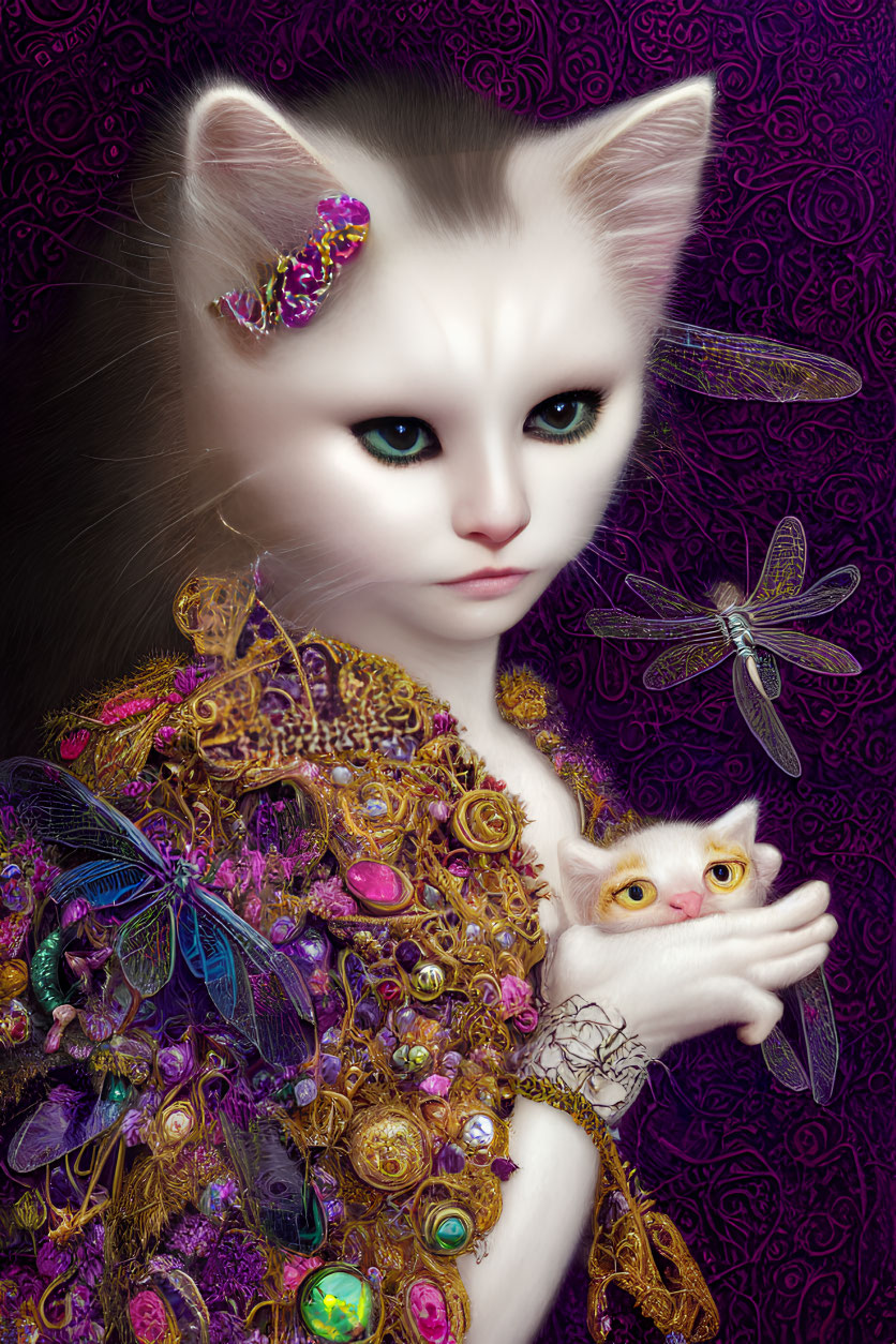 Surreal humanoid white cat in gold and purple garment with small white kitten and dragonflies.