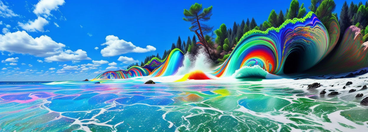 Vibrant rainbow waves crashing on a fantastical shore