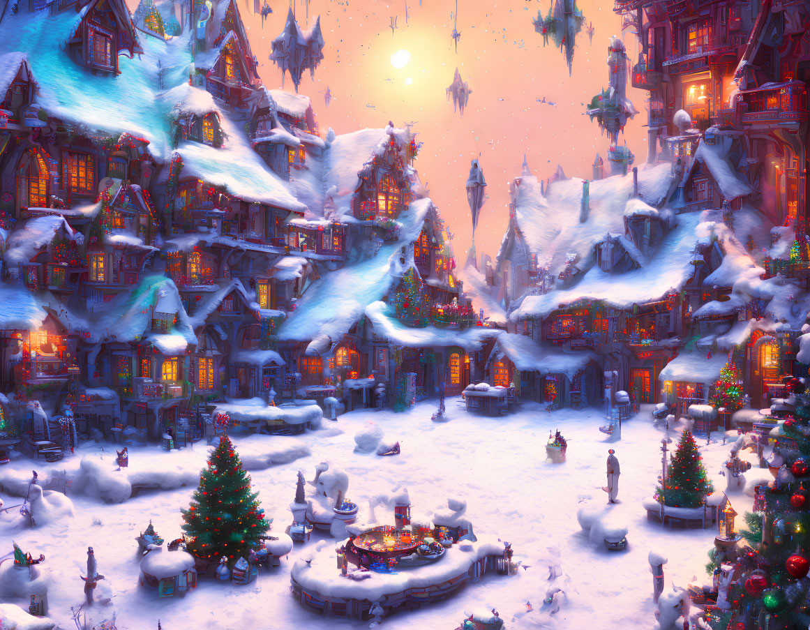 Snow-covered village with Christmas trees and illuminated buildings at twilight