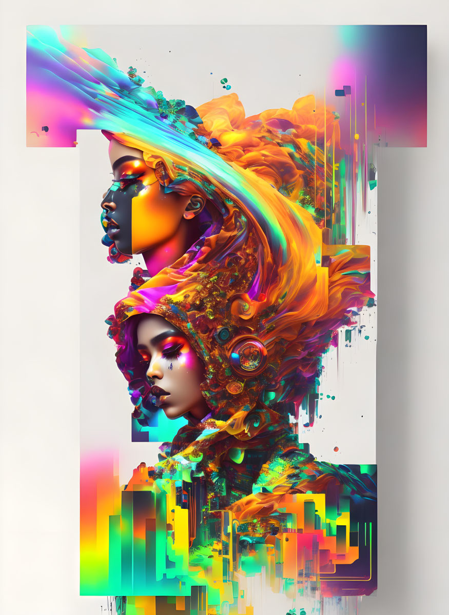 Colorful Abstract Digital Artwork: Two Profiles with Flowing, Psychedelic Elements