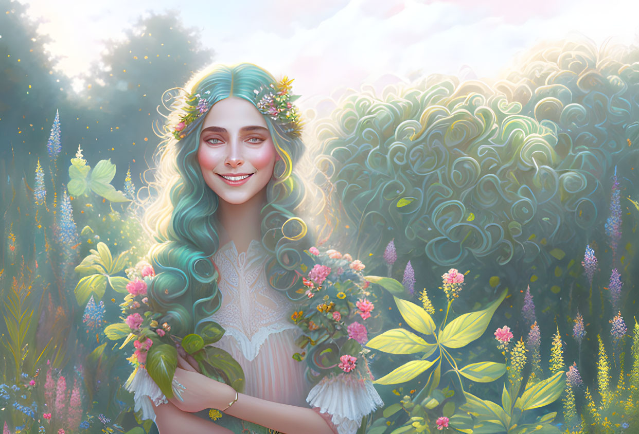 Illustration of smiling woman with floral hair in lush greenery