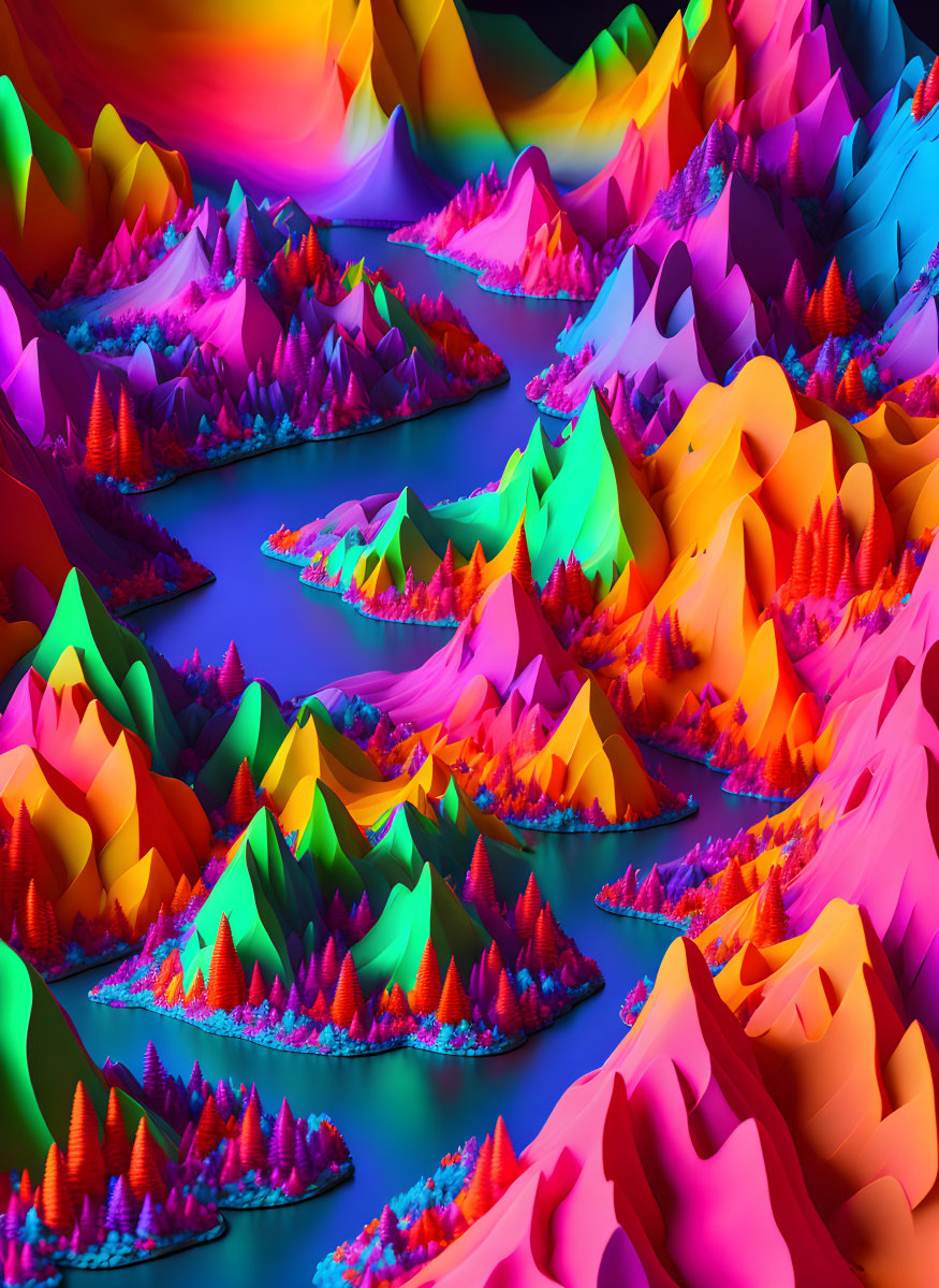 Multicolored neon mountains and rivers in a surreal digital landscape