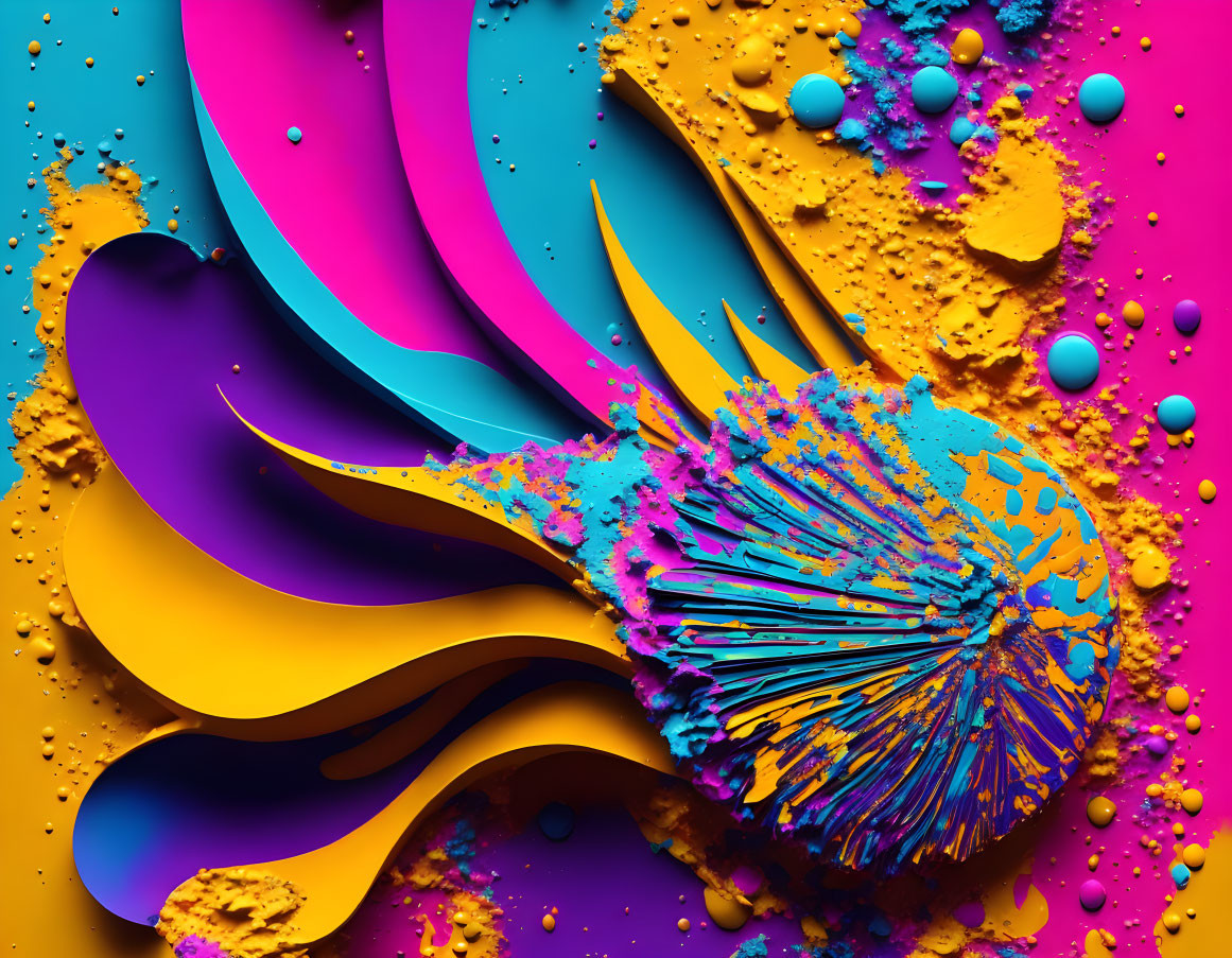 Colorful Abstract Art: Fluid Pink and Blue Shapes on Yellow Background