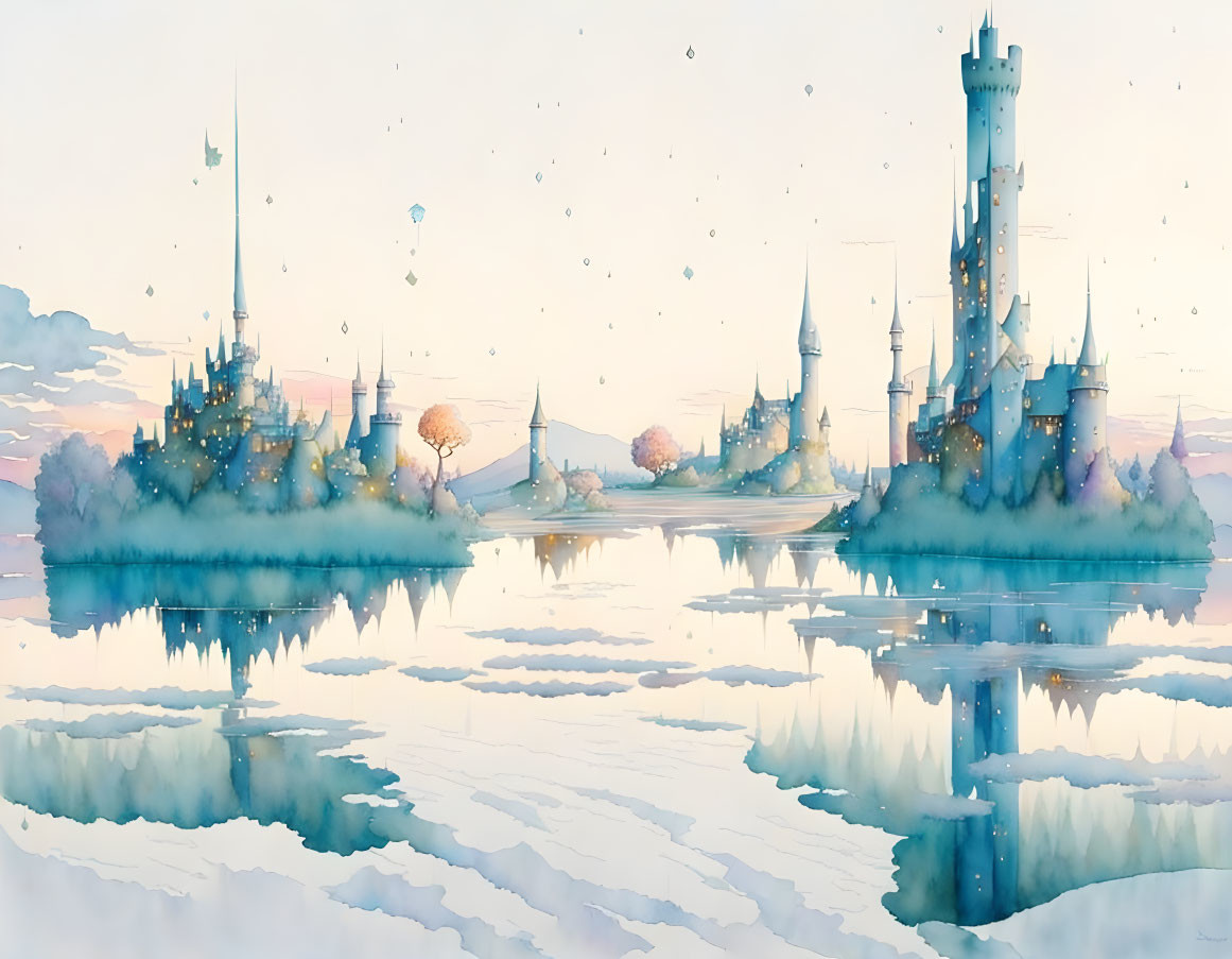 Ethereal watercolor illustration of mirrored castles and serene sky