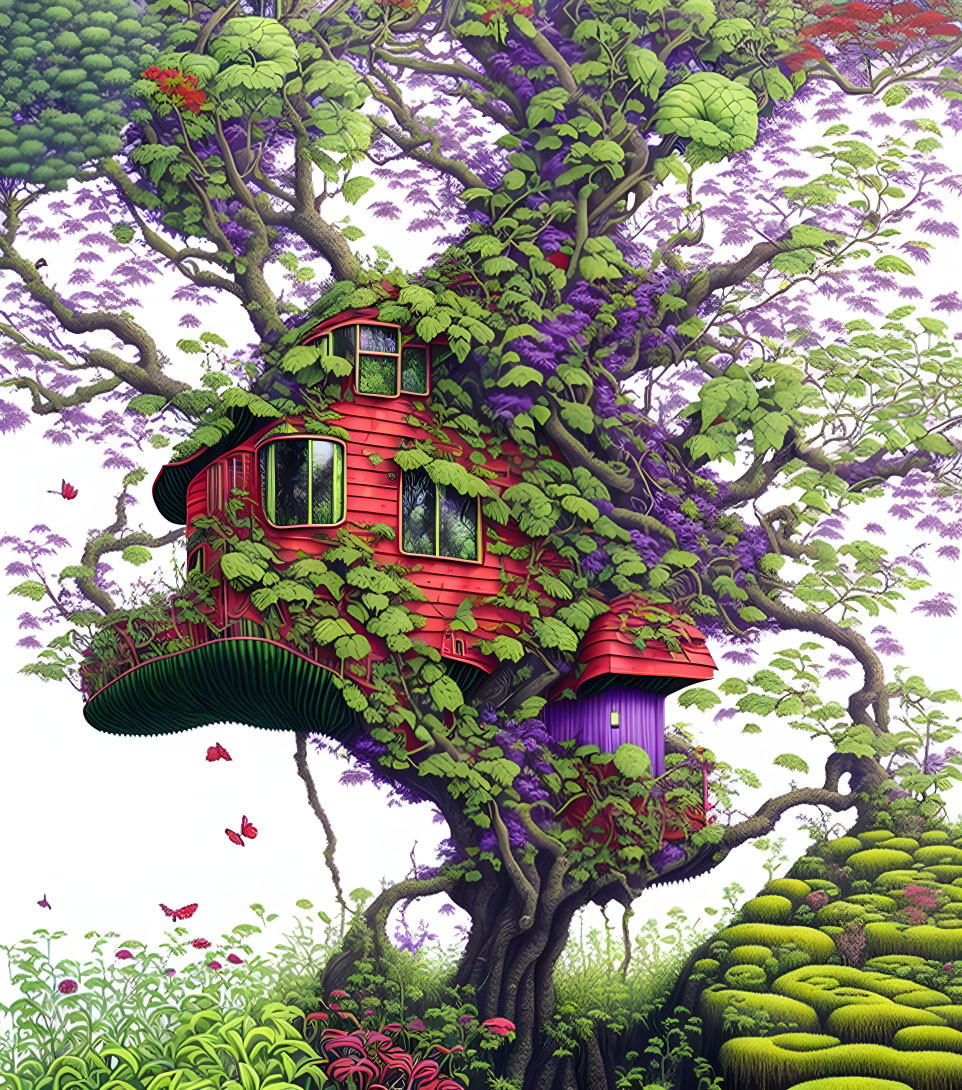 Colorful Treehouse Illustration Surrounded by Nature and Butterflies