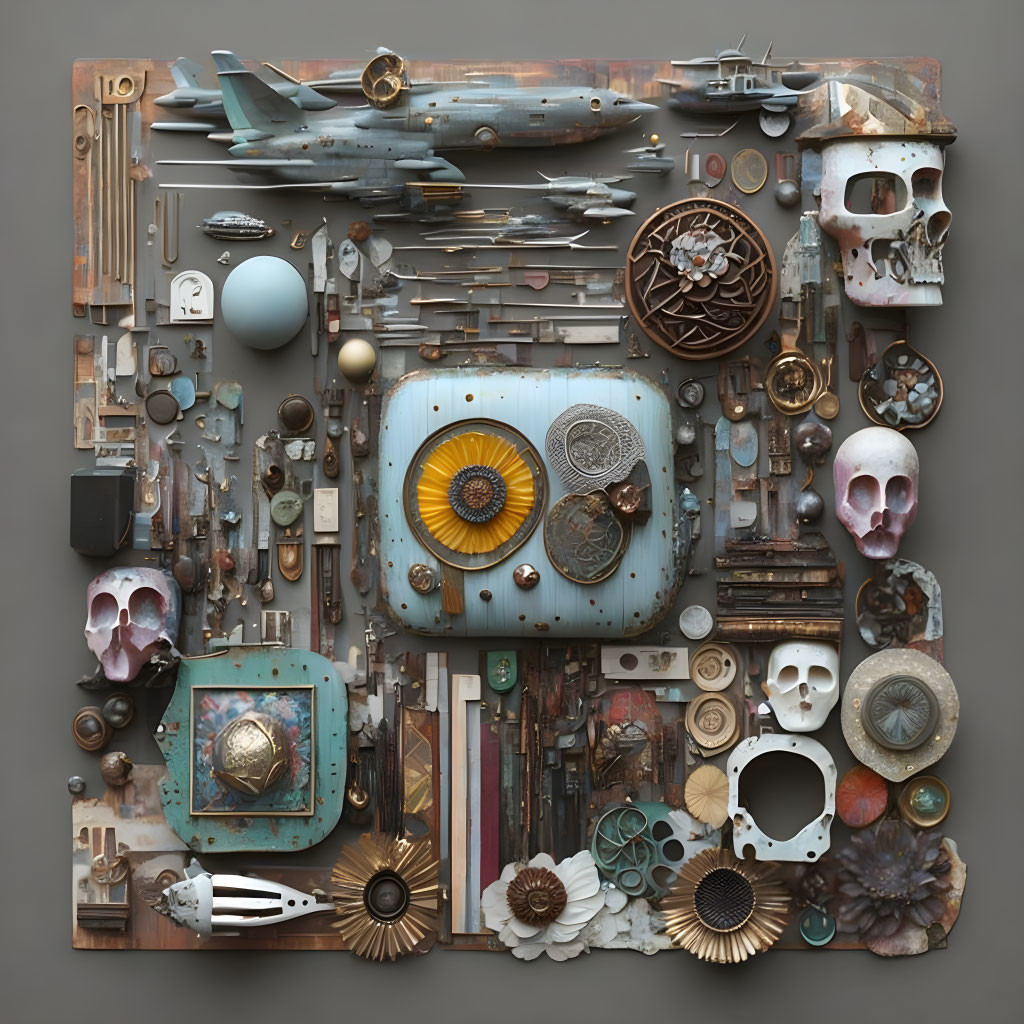 Symmetric collage of aircraft, skulls, gears, and mechanical parts on neutral background