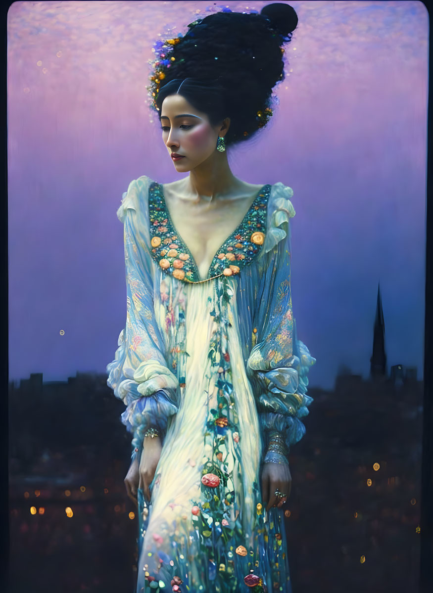 Woman in ornate floral dress against twilight cityscape with historical and fantastical elements.